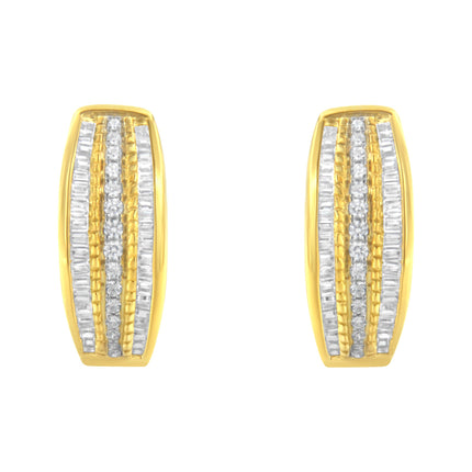 10K Yellow Gold 3/4 Cttw Pave and Channel Set Diamond Triple Row Modern Hoop Earrings (I-J Color, I2-I3 Clarity)