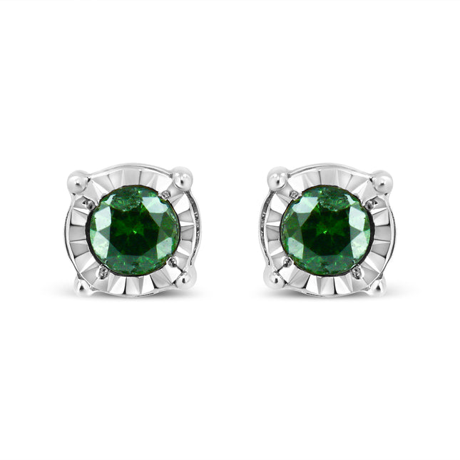 Sterling Silver Rose Cut Treated Green Diamond Solitaire Stud Earrings (0.25 cttw, Green Color, I2-I3 Clarity)
