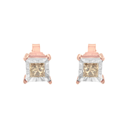 14K Rose Gold Plated Two-Tone .925 Sterling Silver 1/2 Cttw Princess-Cut Square Diamond Solitaire Miracle-Plate Stud Earrings (K-L Color, I2-I3 Clarity)