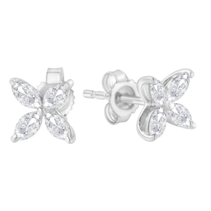 14K White Gold 1/2 Cttw Marquise Diamond 8 Stone Floral Leaf Stud Earrings (H-I Color, SI1-SI2 Clarity)