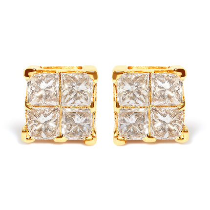 10K Yellow Gold 3/4 Cttw Invisible Set Princess-Cut Diamond Composite Square Stud Earrings (I-J Color, I2-I3 Clarity)