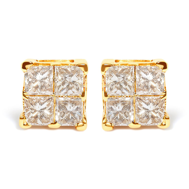 10K Yellow Gold 3/4 Cttw Invisible Set Princess-Cut Diamond Composite Square Stud Earrings (I-J Color, I2-I3 Clarity)