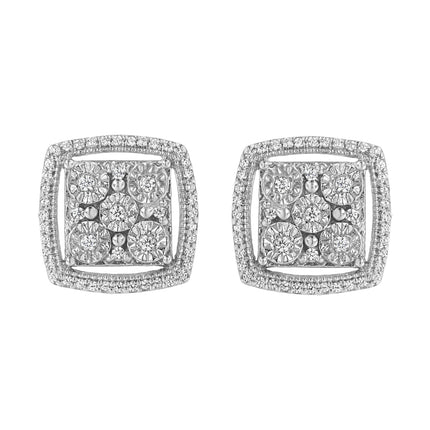 .925 Sterling Silver 3/8 Cttw Miracle Set Round Diamond Double Halo Cluster Earrings (I-J Color, I2-I3 Clarity)