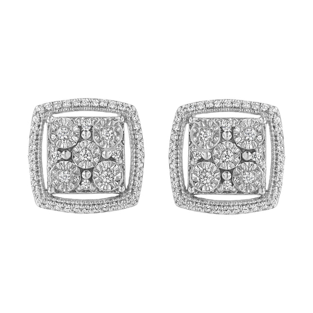 .925 Sterling Silver 3/8 Cttw Miracle Set Round Diamond Double Halo Cluster Earrings (I-J Color, I2-I3 Clarity)