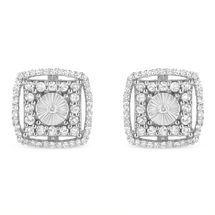 .925 Sterling Silver 1.0 Cttw Round Diamond Double Halo and Disc Stud Earring (I-J Color, I2-I3 Clarity)