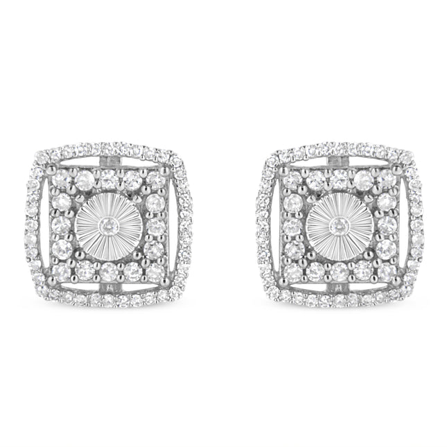 .925 Sterling Silver 1.0 Cttw Round Diamond Double Halo and Disc Stud Earring (I-J Color, I2-I3 Clarity)