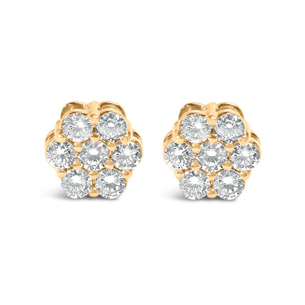 14K Yellow Gold 3/4 Cttw 7 Stone Floral Cluster Round Brilliant Cut Diamond Stud Earrings with Screw Backs (I-J Color, SI2-I1 Clarity)