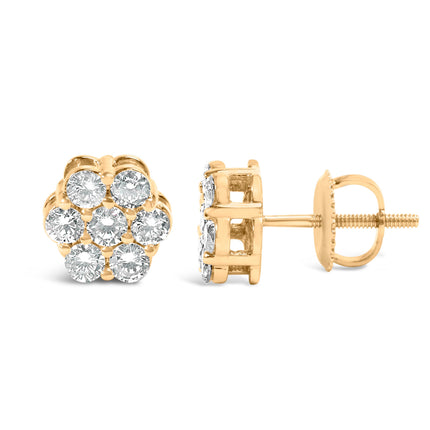 14K Yellow Gold 3/4 Cttw 7 Stone Floral Cluster Round Brilliant Cut Diamond Stud Earrings with Screw Backs (I-J Color, SI2-I1 Clarity)