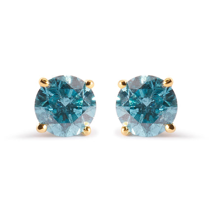 14K Yellow Gold 1.0 Cttw Treated Aqua Blue Diamond Classic Solitaire Stud Earrings (Aqua Blue Color, I2-I3 Clarity)