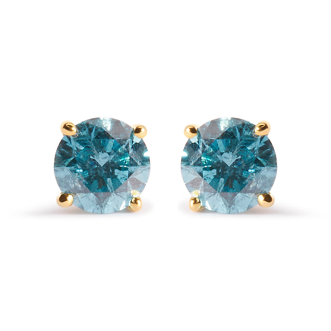 14K Yellow Gold 1.0 Cttw Treated Aqua Blue Diamond Classic Solitaire Stud Earrings (Aqua Blue Color, I2-I3 Clarity)
