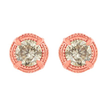 14K Yellow Gold Plated .925 Sterling Silver 1.0 Cttw Round Brilliant Cut Diamond Solitaire Milgrain Stud Earrings (K-L Color, I2-I3 Clarity)