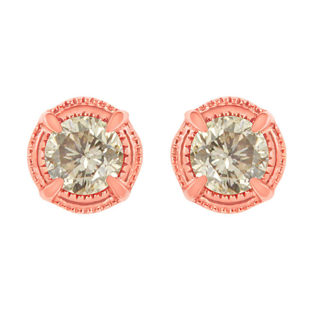 14K Yellow Gold Plated .925 Sterling Silver 1.0 Cttw Round Brilliant Cut Diamond Solitaire Milgrain Stud Earrings (K-L Color, I2-I3 Clarity)