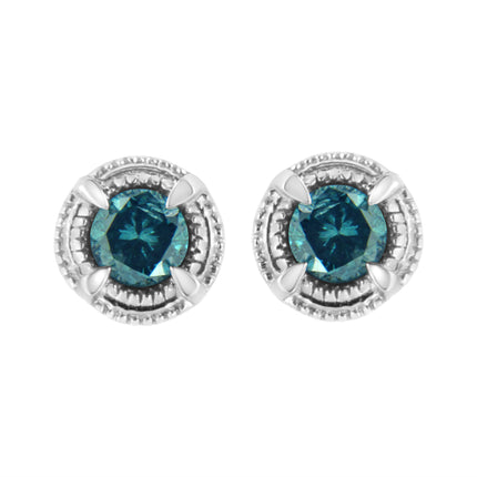 .925 Sterling Silver 1 cttw Treated Black Diamond Modern 4-Prong Solitaire Milgrain Stud Earrings (Black Color, I1-I2 Clarity)