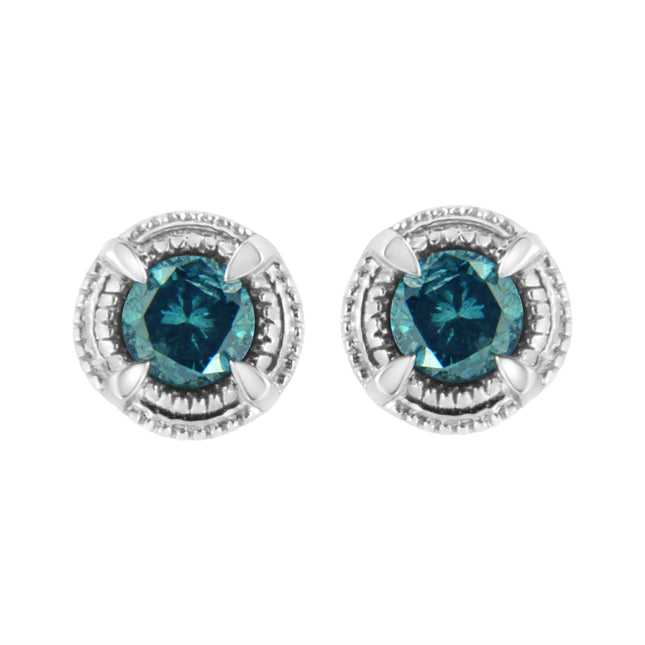 .925 Sterling Silver 1 cttw Treated Black Diamond Modern 4-Prong Solitaire Milgrain Stud Earrings (Black Color, I1-I2 Clarity)