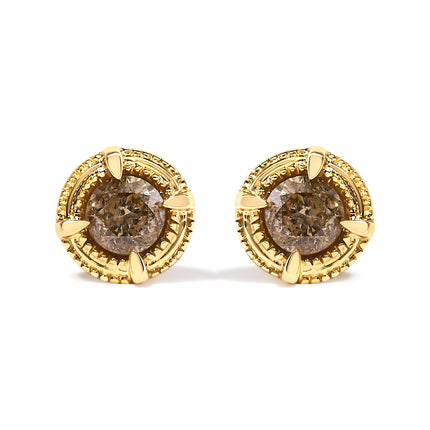 14K Yellow Gold Plated .925 Sterling Silver 1.0 Cttw Round Brilliant Cut Diamond Solitaire Milgrain Stud Earrings (K-L Color, I2-I3 Clarity)