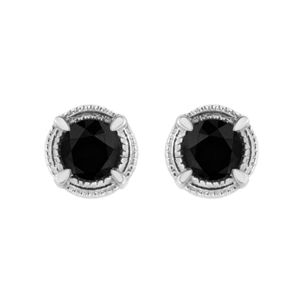 .925 Sterling Silver 1 cttw Treated Black Diamond Modern 4-Prong Solitaire Milgrain Stud Earrings (Black Color, I1-I2 Clarity)