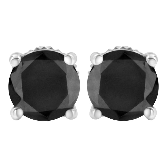 .925 Sterling Silver 2.00 Cttw Round Brilliant-Cut Black Diamond Classic 4-Prong Stud Earrings with Screw Backs (Fancy Color-Enhanced, I2-I3 Clarity)