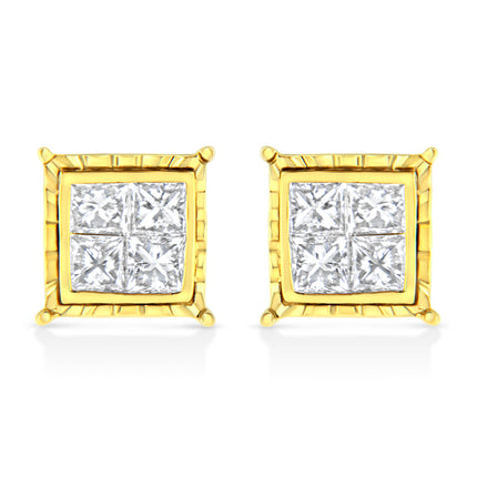 14K Yellow Gold 1.0 Cttw Invisible Set Princess-Cut Diamond Composite 8 Stone Stud Earrings (I-J Color, SI1-SI2 Clarity)