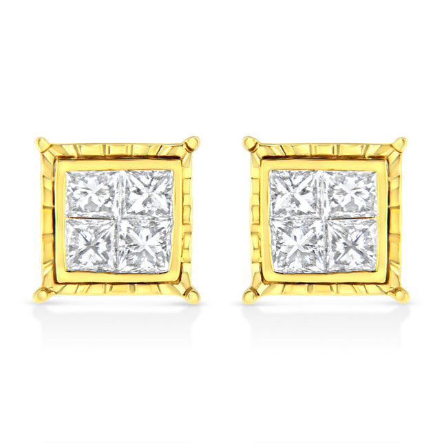 14K Yellow Gold 1.0 Cttw Invisible Set Princess-Cut Diamond Composite 8 Stone Stud Earrings (I-J Color, SI1-SI2 Clarity)