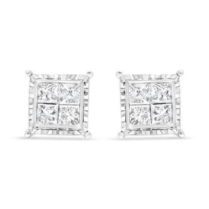 14K White Gold 1 1/2 Cttw Invisible Set Princess-Cut Diamond Contemporary Wavy Quad Stud Earrings (I-J Color, I1-I2 Clarity)