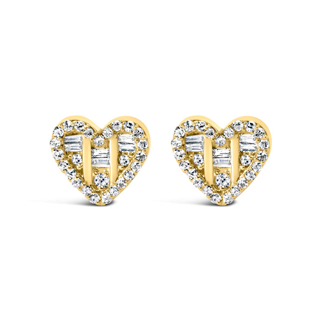 14K Yellow Gold Plated .925 Sterling Silver 1/2 Cttw Round and Baguette Diamond Composite Heart Shaped Stud Earring (I-J Color, SI2-I1 Clarity)