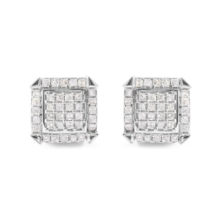 10K White Gold 1 1/10 Cttw Princess Diamond Composite and Halo Stud Earrings (I-J Color, I1-I2 Clarity)