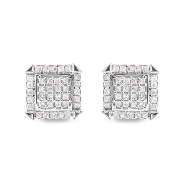 10K White Gold 1 1/10 Cttw Princess Diamond Composite and Halo Stud Earrings (I-J Color, I1-I2 Clarity)