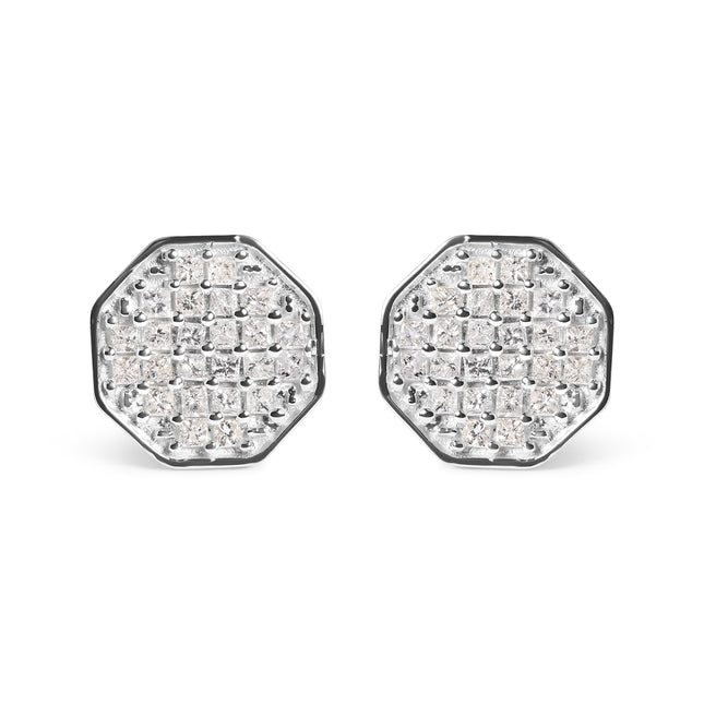 10K White Gold 7/8 Cttw Princess Diamond Composite Octagon Shaped Stud Earrings (I-J Color, I1-I2 Clarity)