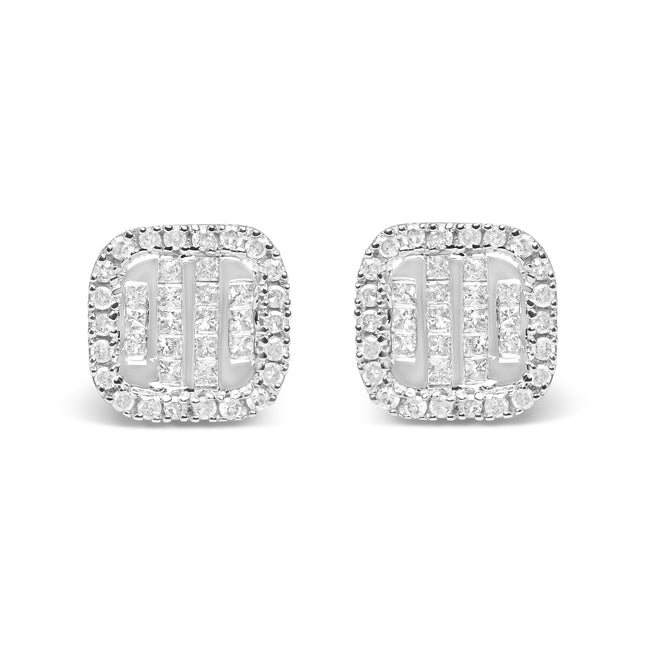 10K White Gold 7/8 Cttw Diamond Princess Composite and Halo Stud Earrings (I-J Color, I1-I2 Clarity)