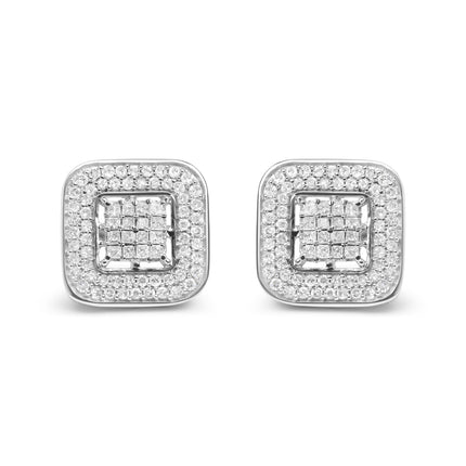 10K White Gold 1.0 Cttw Round and Princess Cut Diamond Composite Open Halo Stud Earrings (H-I Color, SI1-SI2 Clarity)