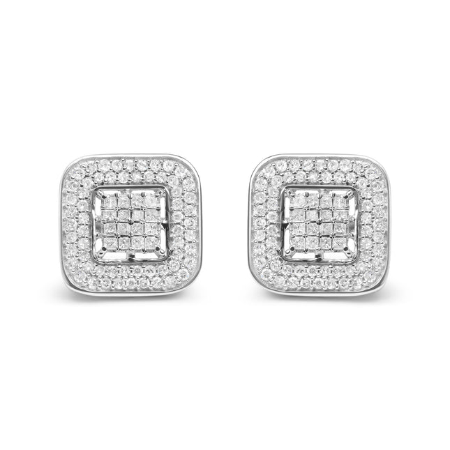 10K White Gold 1.0 Cttw Round and Princess Cut Diamond Composite Open Halo Stud Earrings (H-I Color, SI1-SI2 Clarity)