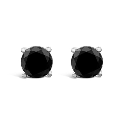 14K White Gold 2.00 Cttw Round Brilliant-Cut Black Diamond Classic 4-Prong Stud Earrings with Screw Backs (Fancy Color-Enhanced, I2-I3 Clarity)