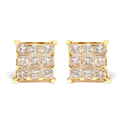 14K Yellow Gold 1 1/2 Cttw Invisible Set Princess-Cut Diamond 9 Stone Square Stud Earrings (J-K Color, SI2-I1 Clarity)