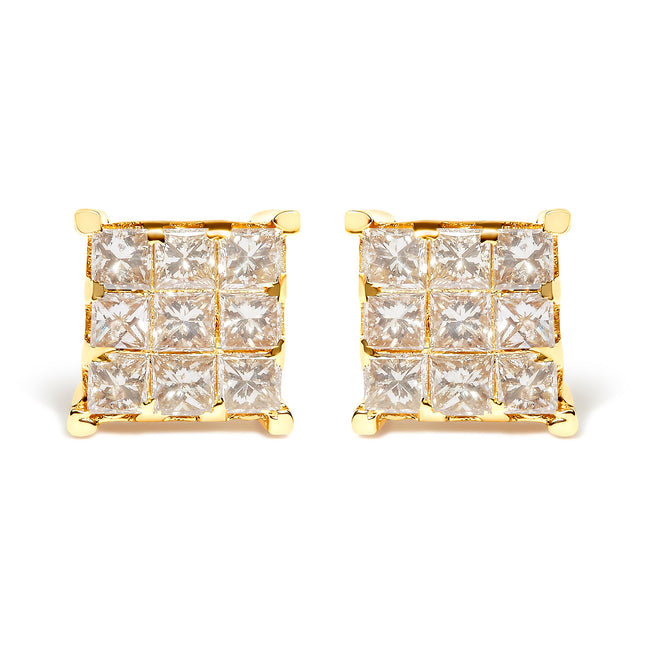 14K Yellow Gold 1 1/2 Cttw Invisible Set Princess-Cut Diamond 9 Stone Square Stud Earrings (J-K Color, SI2-I1 Clarity)