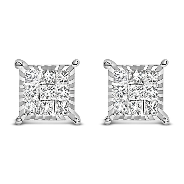 Sterling Silver 1/2 Cttw Princess Diamond Composite Square Stud Earrings