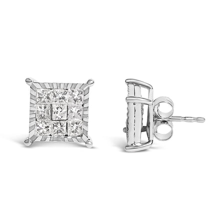 Sterling Silver 1.0 Cttw Princess Diamond Composite Square Stud Earrings