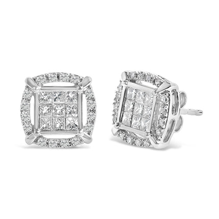 Sterling Silver 1 Cttw Princess Cut Diamond Square Halo Stud Earrings