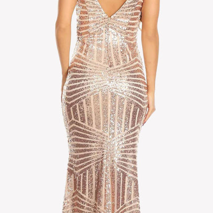 CLEARANCE - Eureka 7010 Floor Length Sequin Dress V-Neck with Sheer Inset (Size XS)