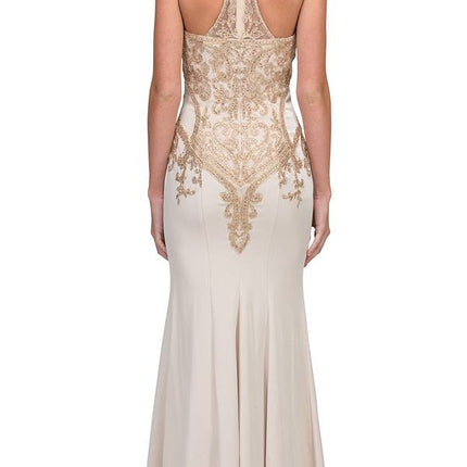 CLEARANCE - Eureka 7033 Embroidered Halter Mermaid Long Dress Racer Back (Size Small)