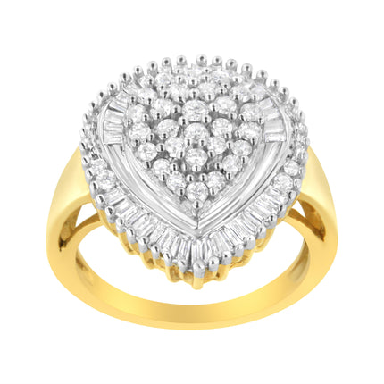 10K Yellow Gold 1.0 Cttw Round and Baguette Cut Diamond Oval Shaped Cluster Ring (I-J Color, I1-I2 Clarity) - Size 7