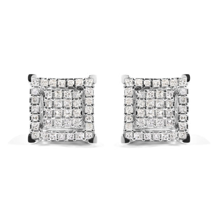 10K White Gold 1 1/4 Cttw Princess Diamond Composite Double Square and Halo Stud Earrings (I-J Color, I1-I2 Clarity)