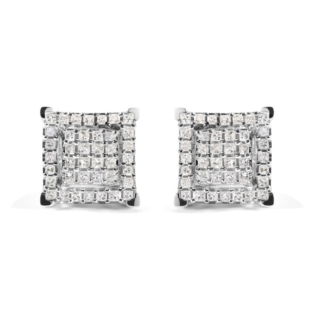 10K White Gold 1 1/4 Cttw Princess Diamond Composite Double Square and Halo Stud Earrings (I-J Color, I1-I2 Clarity)