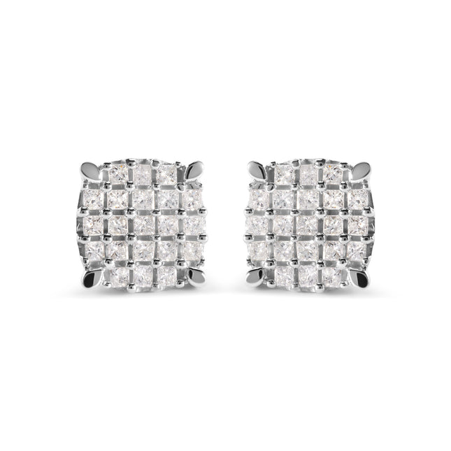 10K White Gold 3/4 Cttw Princess Diamond Composite Cushion Shape Stud Earrings (I-J Color, I1-I2 Clarity)