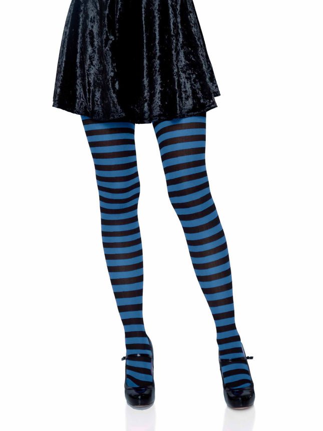 Nylon Striped Tights - Blk/Royal - O/S