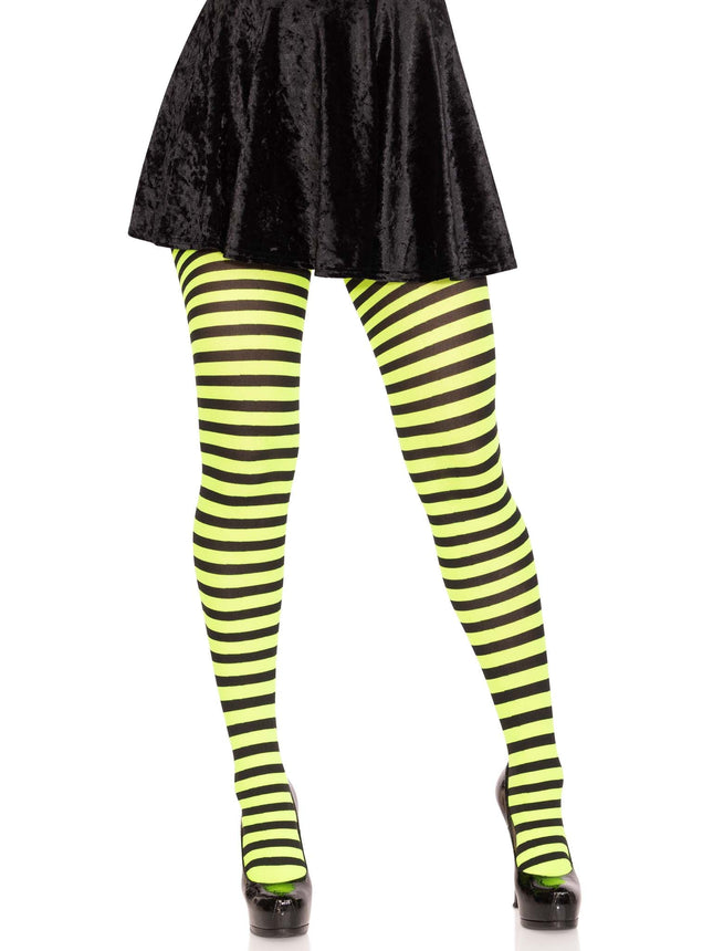Nylon Striped Tights - Black/Lime - O/S