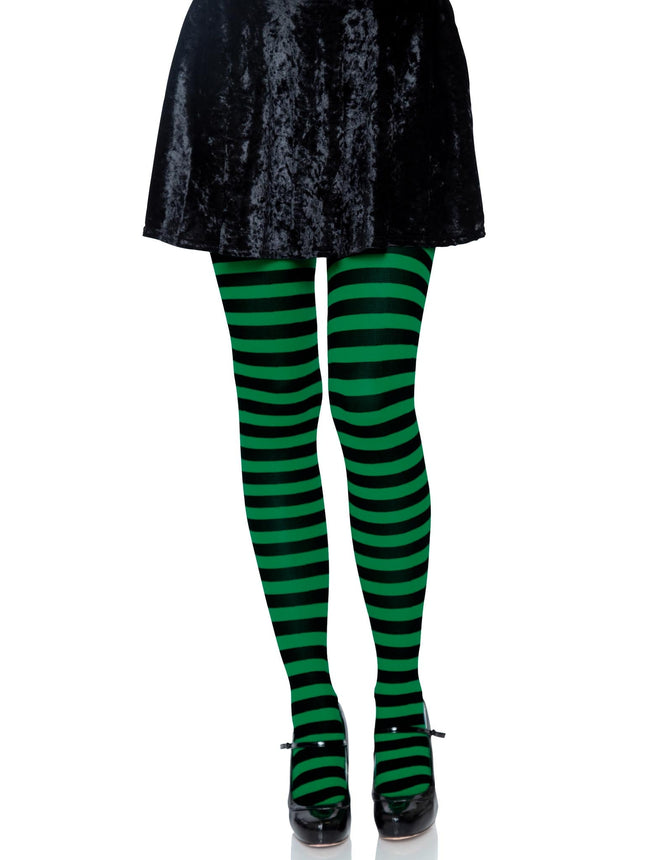 Nylon Striped Tights - Blk/Kel Gr - O/S