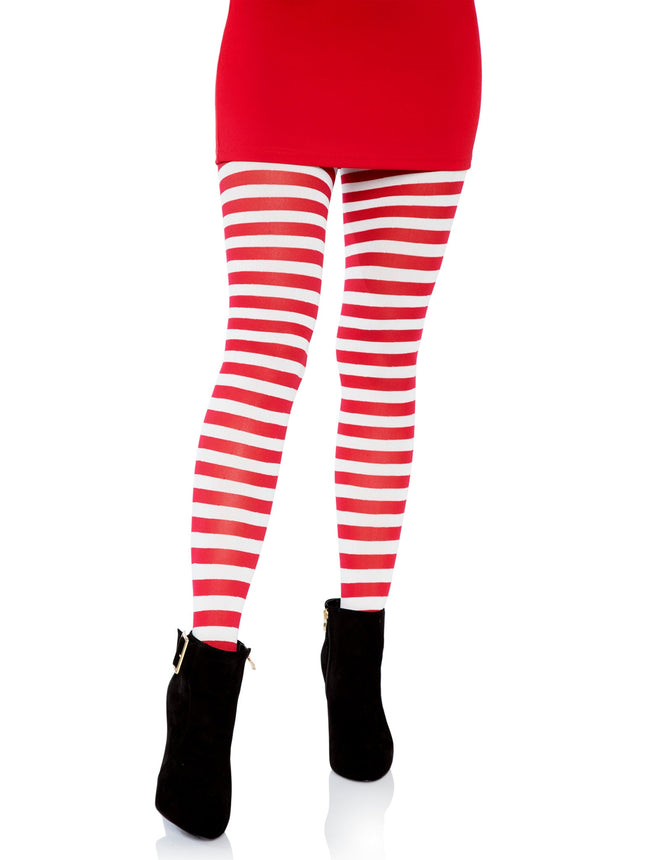 Nylon Striped Tights - White/Red - O/S