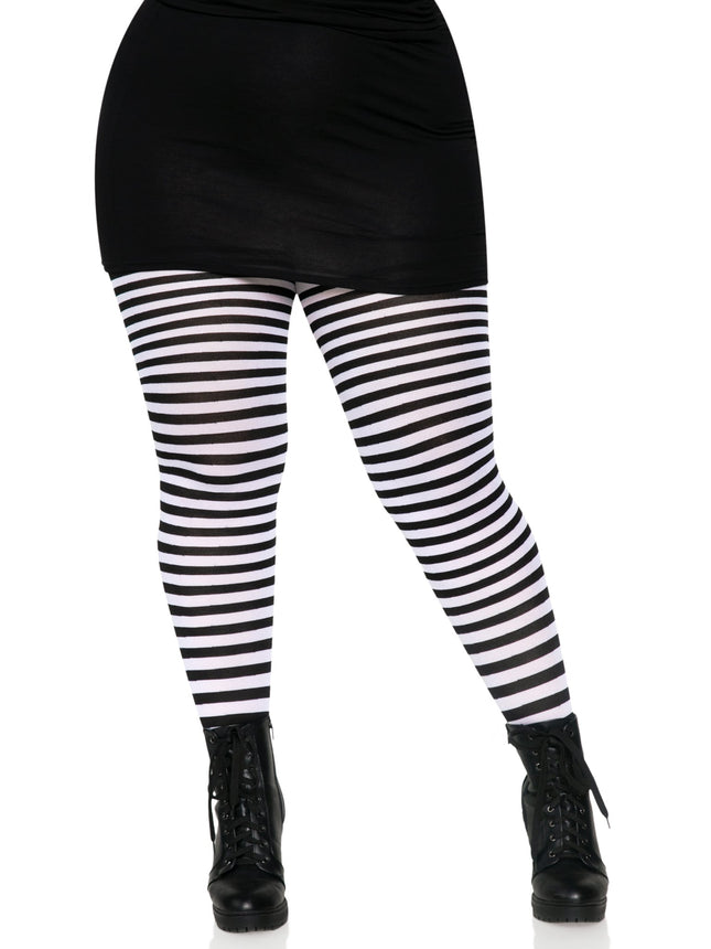 Plus Size Nylon Striped Tights - Blk/White - 3X-4X