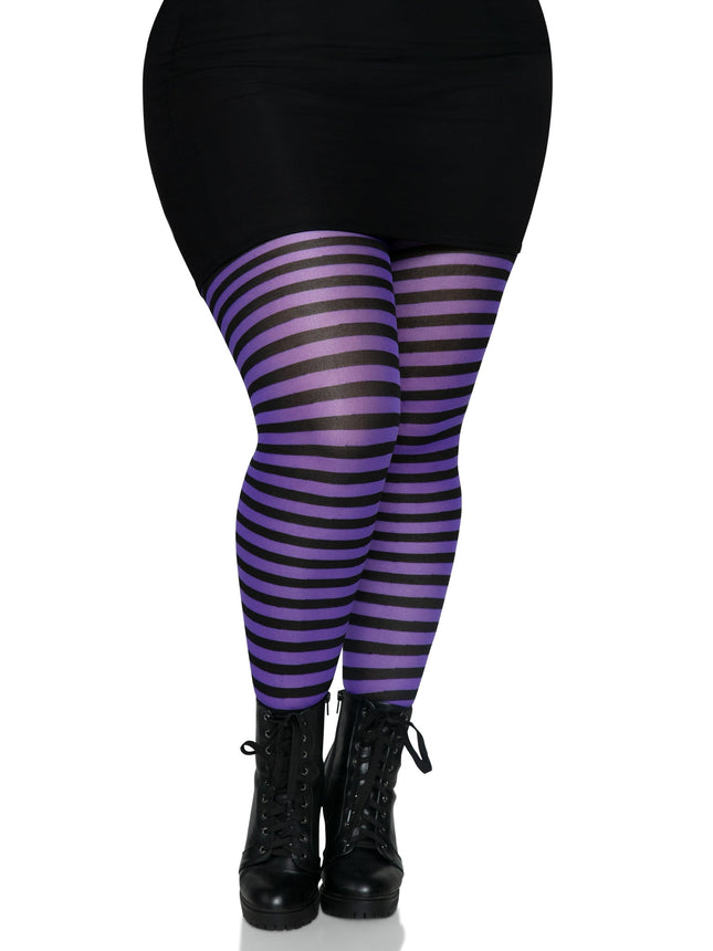Plus Size Nylon Striped Tights - Blk/Purple - 3X-4X