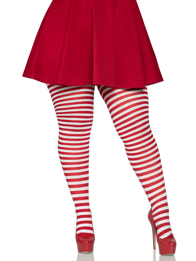 Plus Size Nylon Striped Tights - White/Red - PLUS SI
